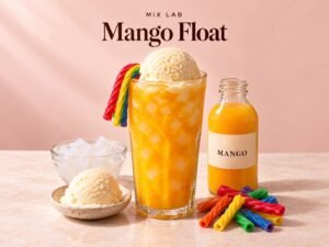 Mango Float Mix Lab — mango drink, rainbow licorice and vanilla ice cream