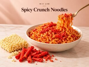 Spicy Crunch Noodles Mix Lab — cheese noodles with red Takis crunch